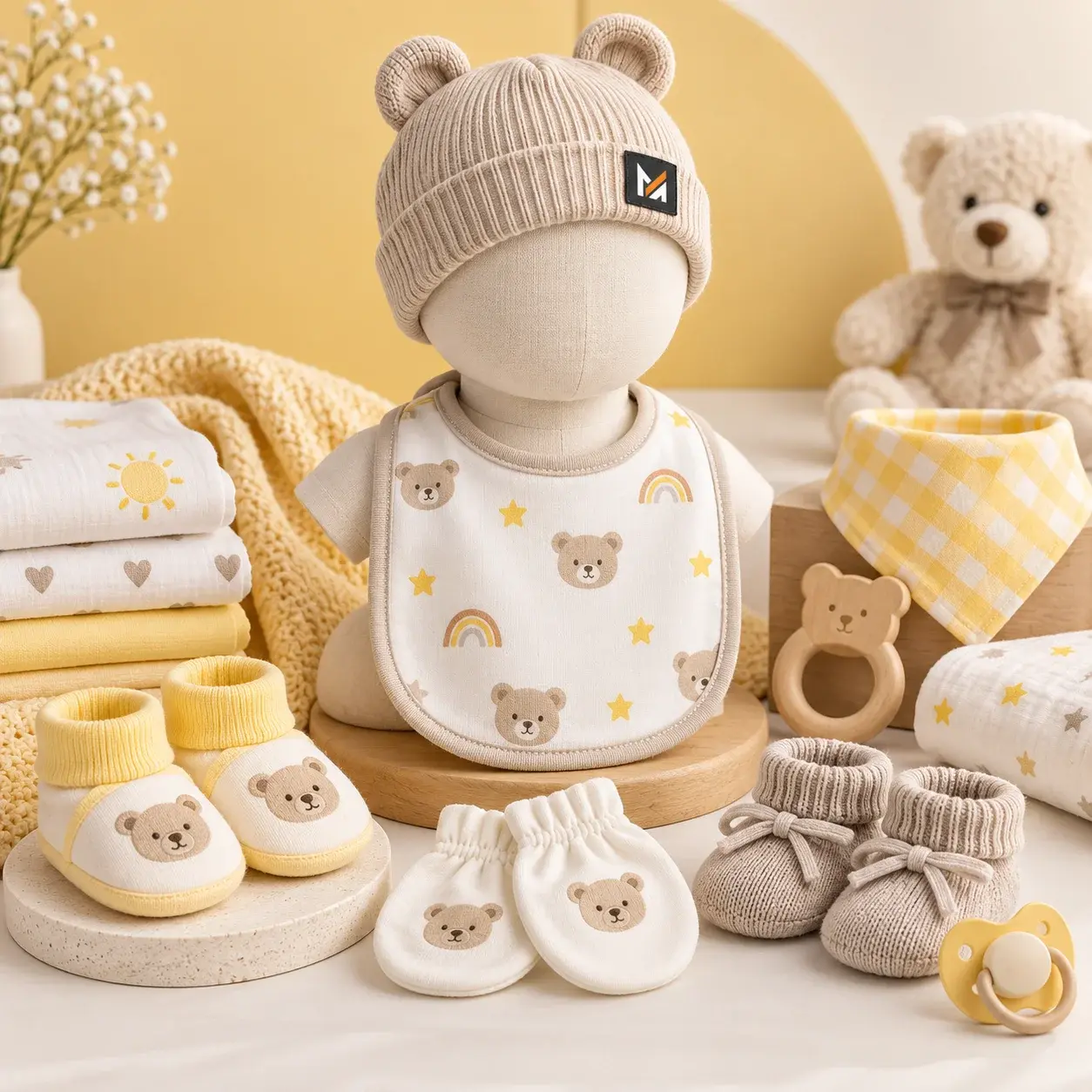 Baby accessories collection featuring a knitted beanie, bib, booties, mittens, bandana bib, blankets, and soft nursery essentials in cream, beige, and yellow, with a visible Mega Apparel logo.